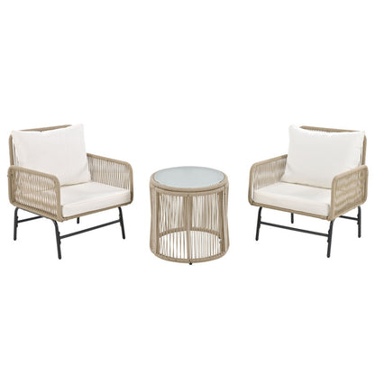 Gartenlounge-Set, Gartenmöbel-Set, Mit Eisenrahmen und beigem Seil, Gartenmöbel aus gewebtem Seil für den Außenbereich, Beige, Zwei Sessel, zwei 2-Sitzer-Sofas und zwei Tische (alle Kissen inklusive)