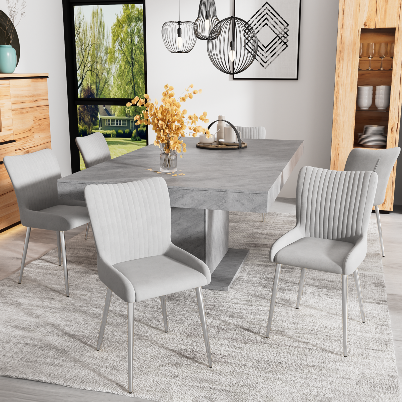 Samt-Esszimmerstuhl, 2er-Set, luxuriös, Wohnzimmer, Schlafzimmer, Lounge-Stuhl mit vier Silberne Metallstützbeinen, Lendenwirbelstütze,Grau