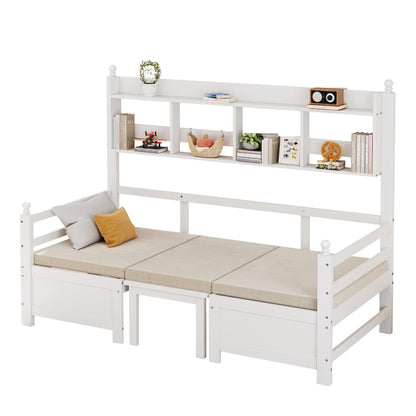 Multifunktionales Massivholz Schlafsofa 200x90 cm, 2-in-1 Bett und Schreibtisch, Frei Umbaubar, Mit Bücherregal Zur Aufbewahrung, Mit Bequemen Kissen, Gästebett Einzelholzbett, Weiß