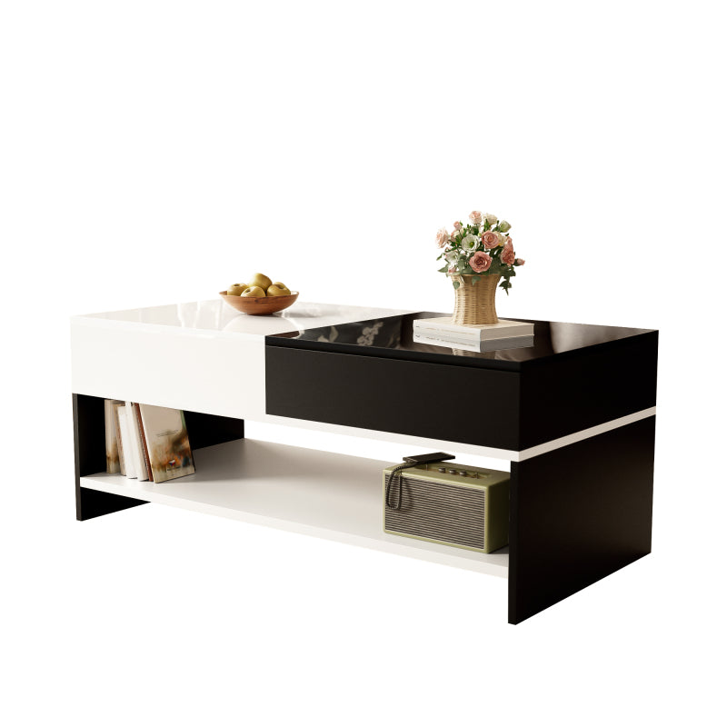 Moderner Couchtisch mit 2 Schubladen – Schwarz-Weiß-Design, Stauraum, Hochglanz-Tischplatte, 100 cm lang