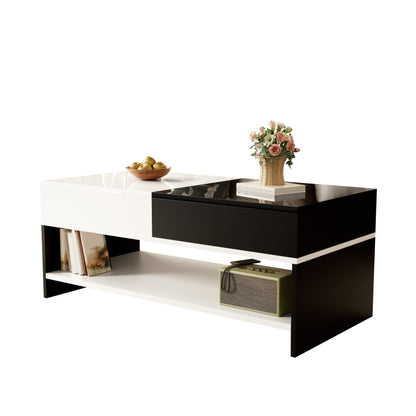 Moderner Couchtisch mit 2 Schubladen – Schwarz-Weiß-Design, Stauraum, Hochglanz-Tischplatte, 100 cm lang