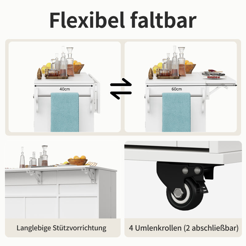 Küchenwagen, herausnehmbarer Speisewagen mit klappbarer Tischplatte, Schranktür mit Snack-Regal, verstellbare Trennwände, 1 Schublade, 4 Räder (2 feststellbar), weiß (105,5*40-60*83cm)