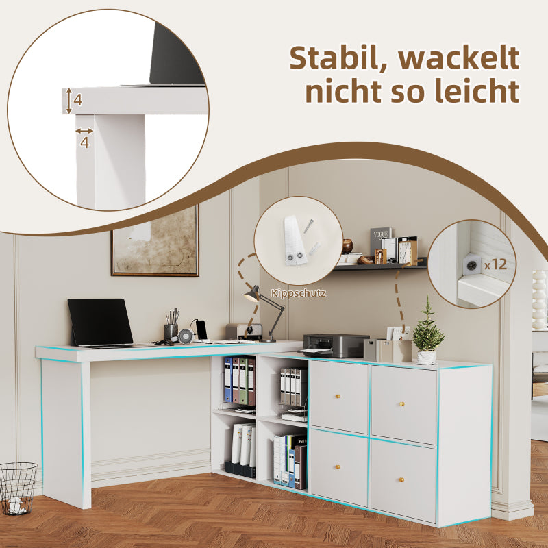 Ecktisch, Tischplatte 360° schwenkbar - L-förmig oder gerade aufstellbar, MDF,  mit 4 Fächern, 4 Schubladen, weiß