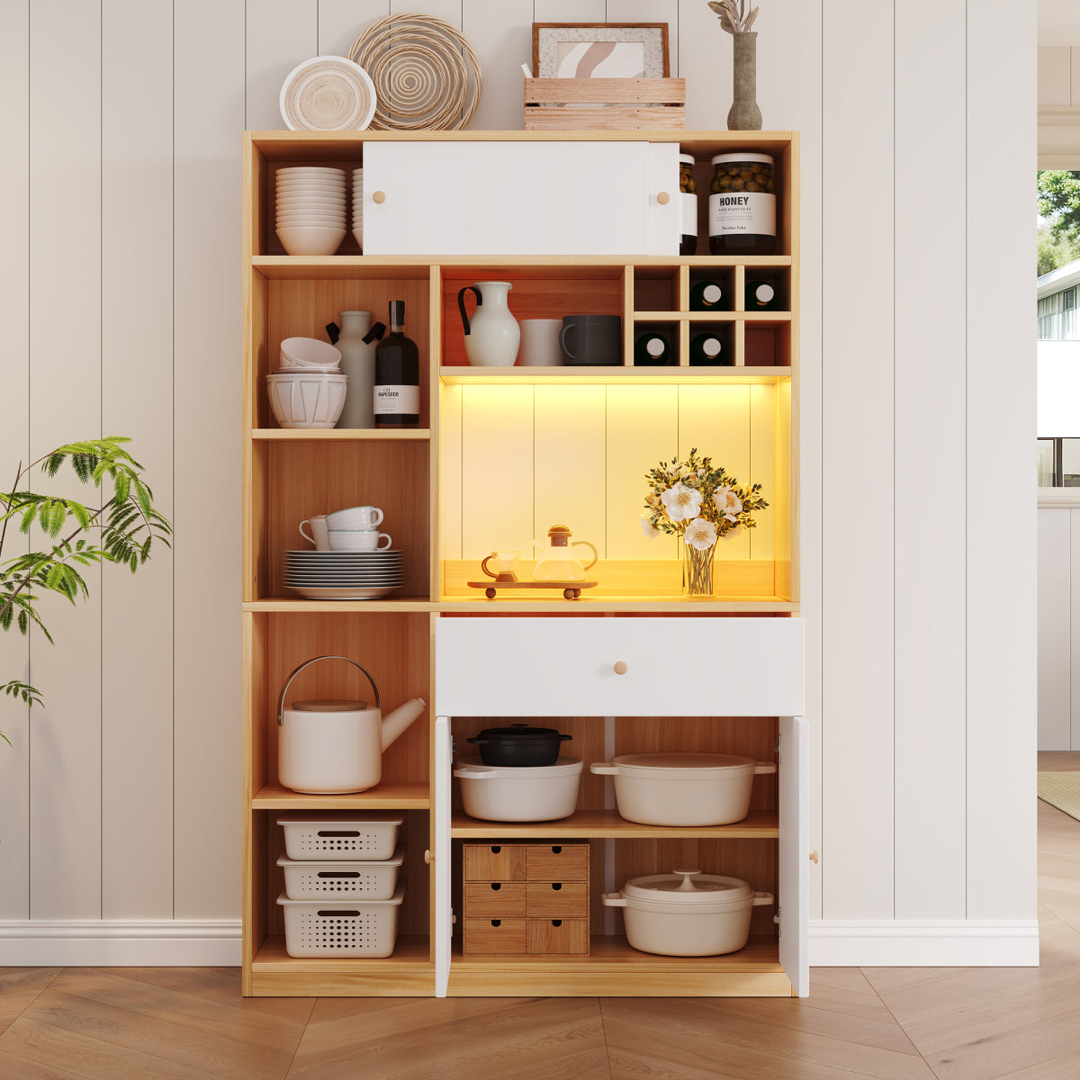 Küchenschrank 115×35×180 cm mit LED, Küchenbuffet mit Schublade, 3 Türen & Regalen, Hochschrank für Mikrowelle – Weiß/Natur