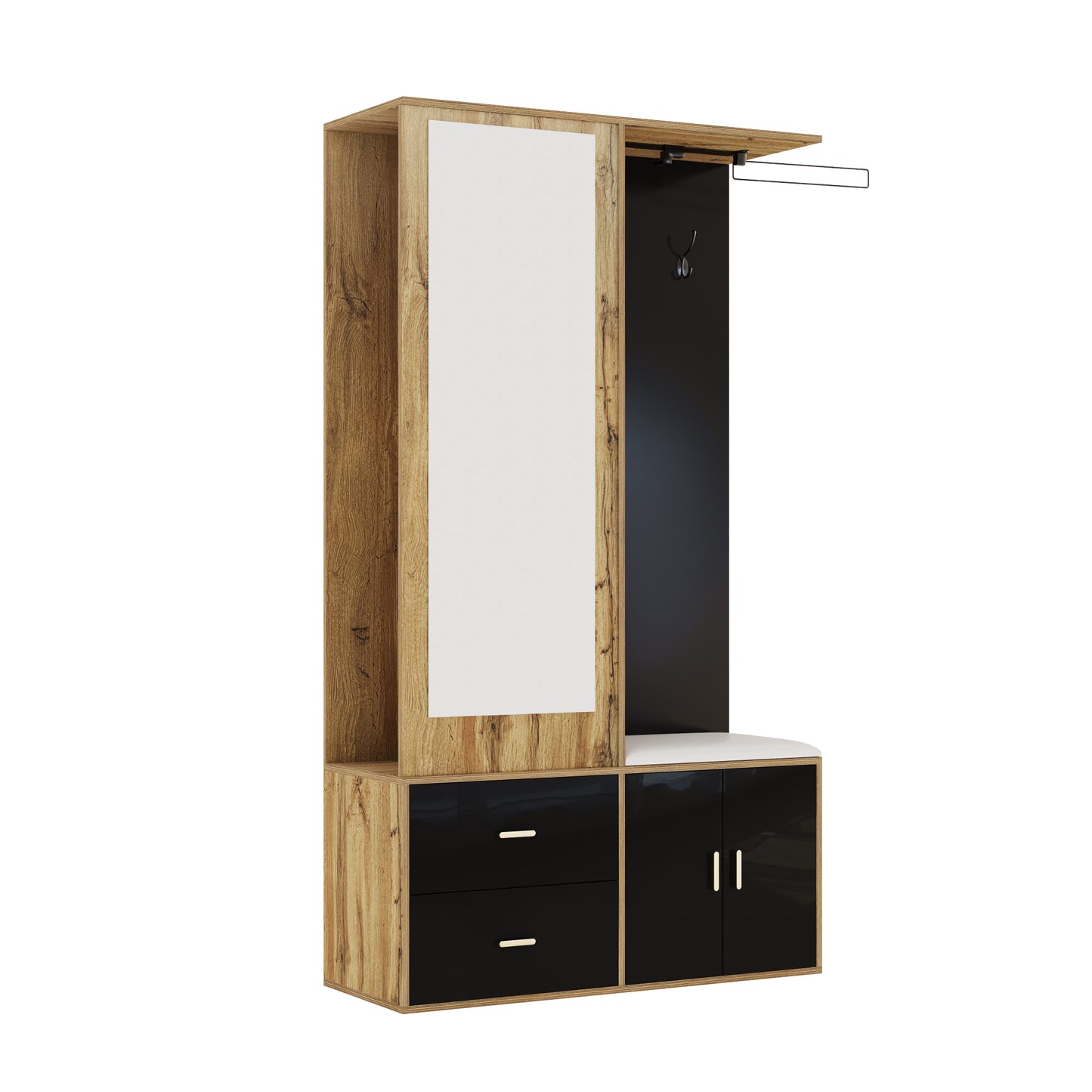 Elegantes Kleiderschrank Set in Schwarz und Holzfarbe mit Spiegel, Schuhschrank, Schuhbank mit Haken und ausziehbaren Kleiderbügeln.