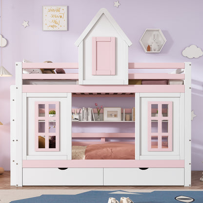 Etagenbett, Prinzessinnenbett, Kinderbett, Kinderbett mit Dach und Fenster, mit Fallschutzgitter, stabiles Geländer, Zwei Schubladen mit Rollen, Offenes Regal, Reichlich Stauraum, Kiefer+MDF,Weiß+Rose