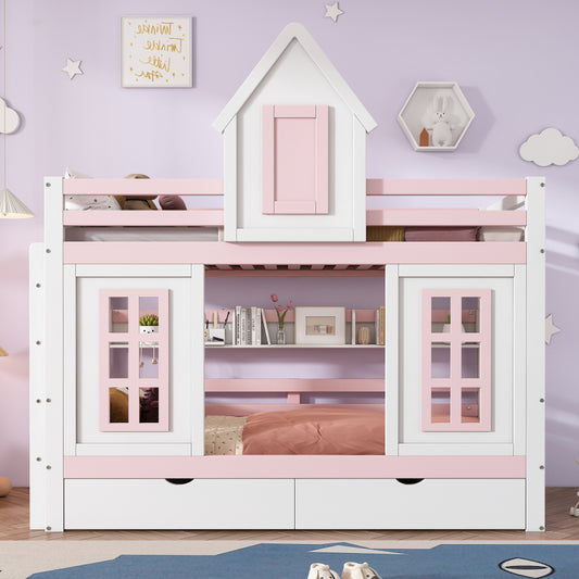 Etagenbett, Prinzessinnenbett, Kinderbett, Kinderbett mit Dach und Fenster, mit Fallschutzgitter, stabiles Geländer, Zwei Schubladen mit Rollen, Offenes Regal, Reichlich Stauraum, Kiefer+MDF,Weiß+Rose