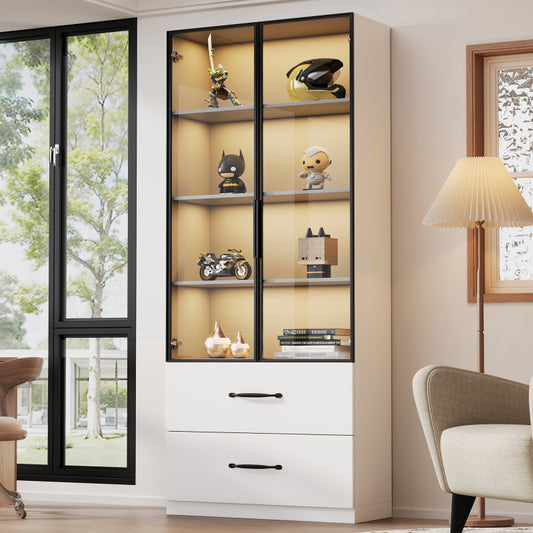 Glasvitrine, Bücherregal und Multifunktionsschrank mit Beleuchtung und Schubladen, mehrfarbige LED, 60×40×160 cm White