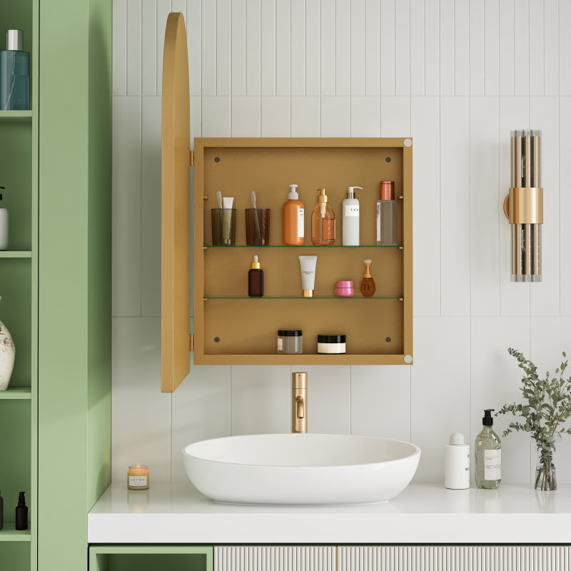Stylish Arched Mirror Cabinet, Recessed Medicine Cabinet, Wall Cabinet with Metal Framed, Mirror and Adjustable Shelves, Mirror Cabinet with Storage for Bathroom, Living Room and Bedroom, Gold