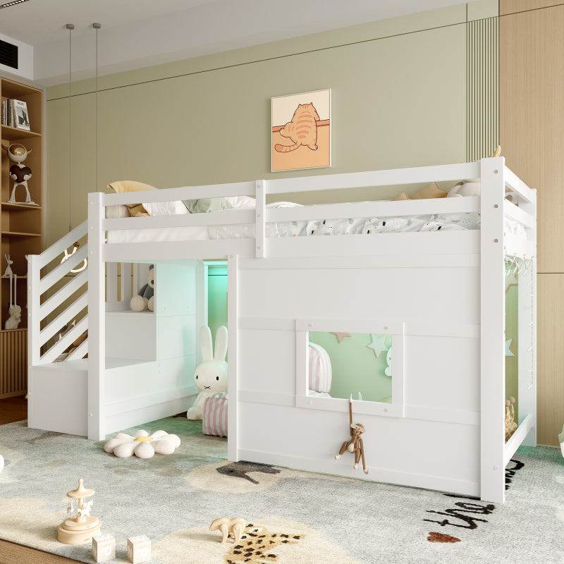 90x200 Hochbett mit Stauraumtreppe und Fenster, Weiß