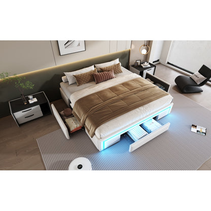 Bettgestell 180X200 mit Schubladen, PU-Leder Bett ohne Kopfteil Mit LED-Lichtleiste, MetalllattenPlattformbett für moderne Schlafzimmer Beige