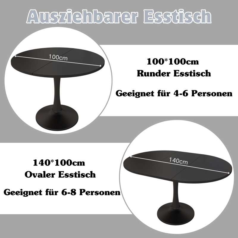Ausziehbarer Esstisch, ovaler Esstisch, Länge 100/140 x Breite 100 x Höhe 75 cm, Schwarz