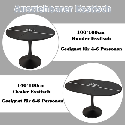 Ausziehbarer Esstisch, ovaler Esstisch, Länge 100/140 x Breite 100 x Höhe 75 cm, Schwarz
