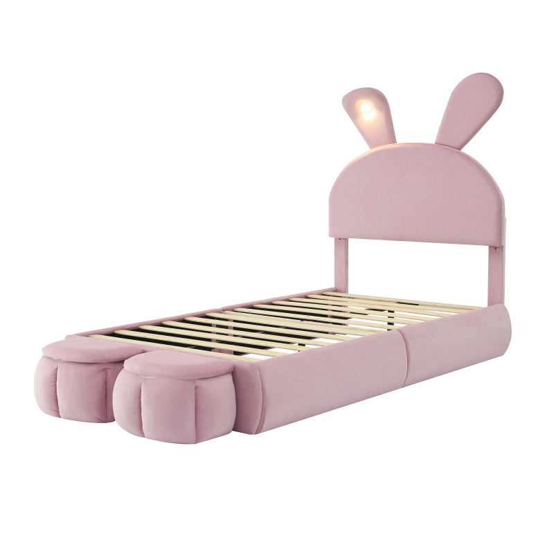 Polsterbett, Einzelbett, Hasenohren mit einstellbarer Helligkeit warmfarbenen Lichtstreifen, mit zwei Aufbewahrungshockern, Kinderbett mit Holzlatten, Samt, Rosa, 90x200cm