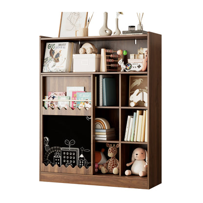 Bücherregal mit Tafel, Schiebetüren & Bilderbuch Ablage, Offenes 9-Fach Regal mit großem Stauraum, 120x38.5x151.5 cm, Nussbaumfarben