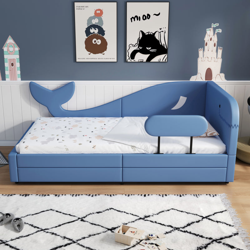 Kinder-Spleißbett, Polsterbett, Tagesbett, Walförmiges Design, Schlafsofa mit Metallbettgestell, 2 Schubladen auf Rollen, PU+MDF+Sperrholz, Blau, 90x200cm