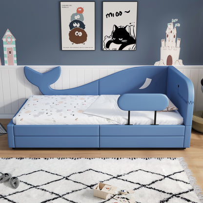 Kinder-Spleißbett, Polsterbett, Tagesbett, Walförmiges Design, Schlafsofa mit Metallbettgestell, 2 Schubladen auf Rollen, PU+MDF+Sperrholz, Blau, 90x200cm