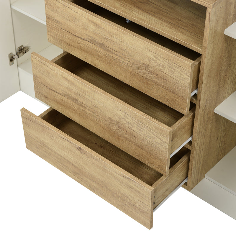 Sideboard, Moderner Kommode, Schrank 140cm, Hochglanz-Weiß und Holzfarbe, Mehrfarbige LED-Lichteffekte. Stilvolle Aufbewahrungslösung (Teilweise glänzende Oberfläche)