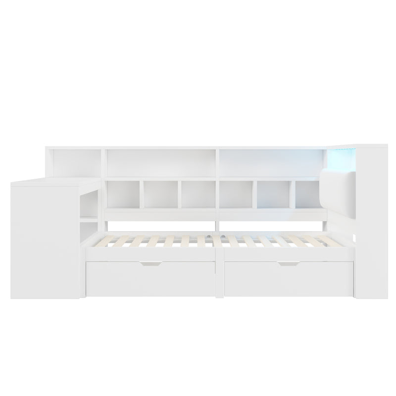 90x200 L-förmiges Holz-Plattformbett mit Schreibtisch und Bücherregal, Eck-Kapitänsbett mit gepolstertem Kopfteil, Schubladen unter dem Bett, LED-Licht - Weiß