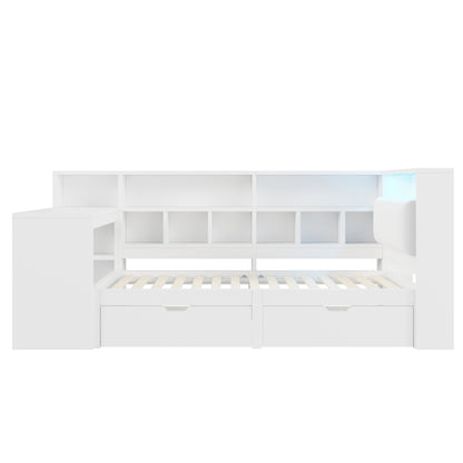 90x200 L-förmiges Holz-Plattformbett mit Schreibtisch und Bücherregal, Eck-Kapitänsbett mit gepolstertem Kopfteil, Schubladen unter dem Bett, LED-Licht - Weiß