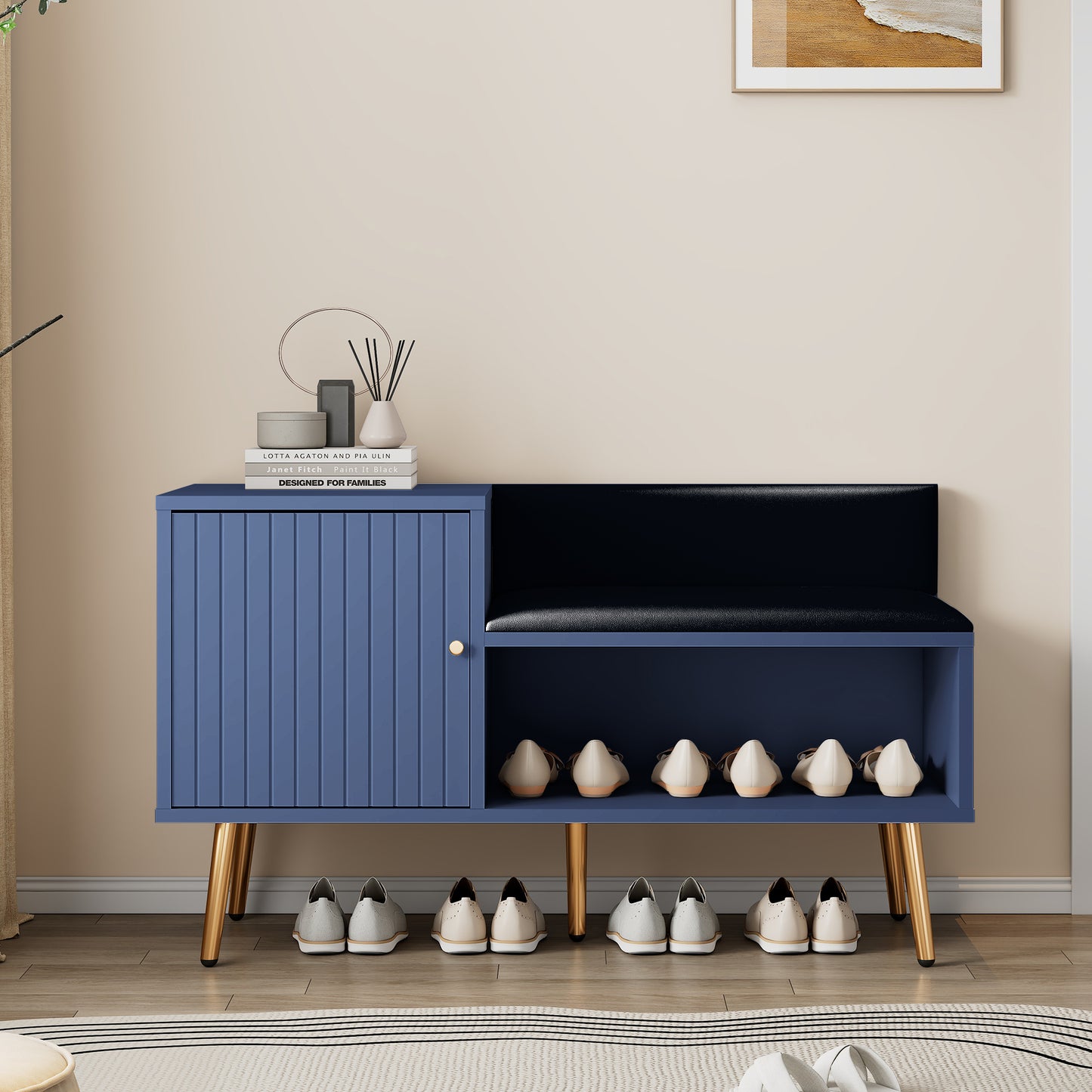 Moderne luxuriöse Schuhtruhe in Blau mit Stauraum, gepolsterter Sitzbank und Rückenlehne, Perfekt für den Eingangsbereich