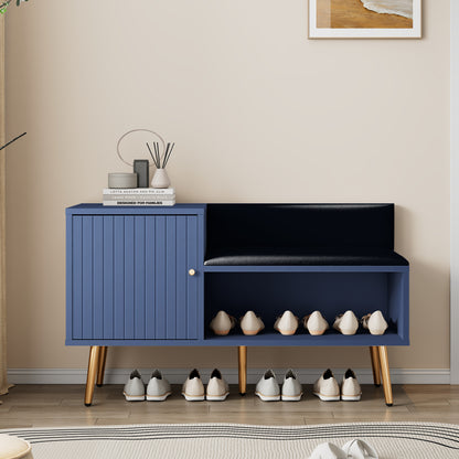 Moderne luxuriöse Schuhtruhe in Blau mit Stauraum, gepolsterter Sitzbank und Rückenlehne, Perfekt für den Eingangsbereich
