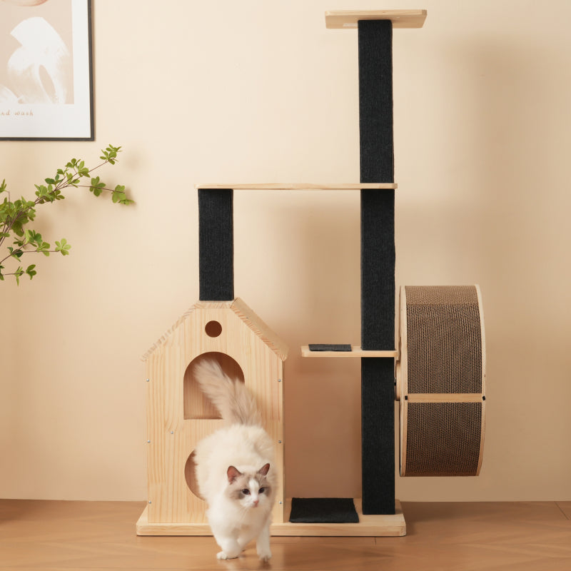 Katzenbaum aus Massivholz mit Laufrad mit 4 Plattformen, 2 Katzenhäusern, Sisalpfosten & waschbaren Kratzmatten, 80×40×152 cm