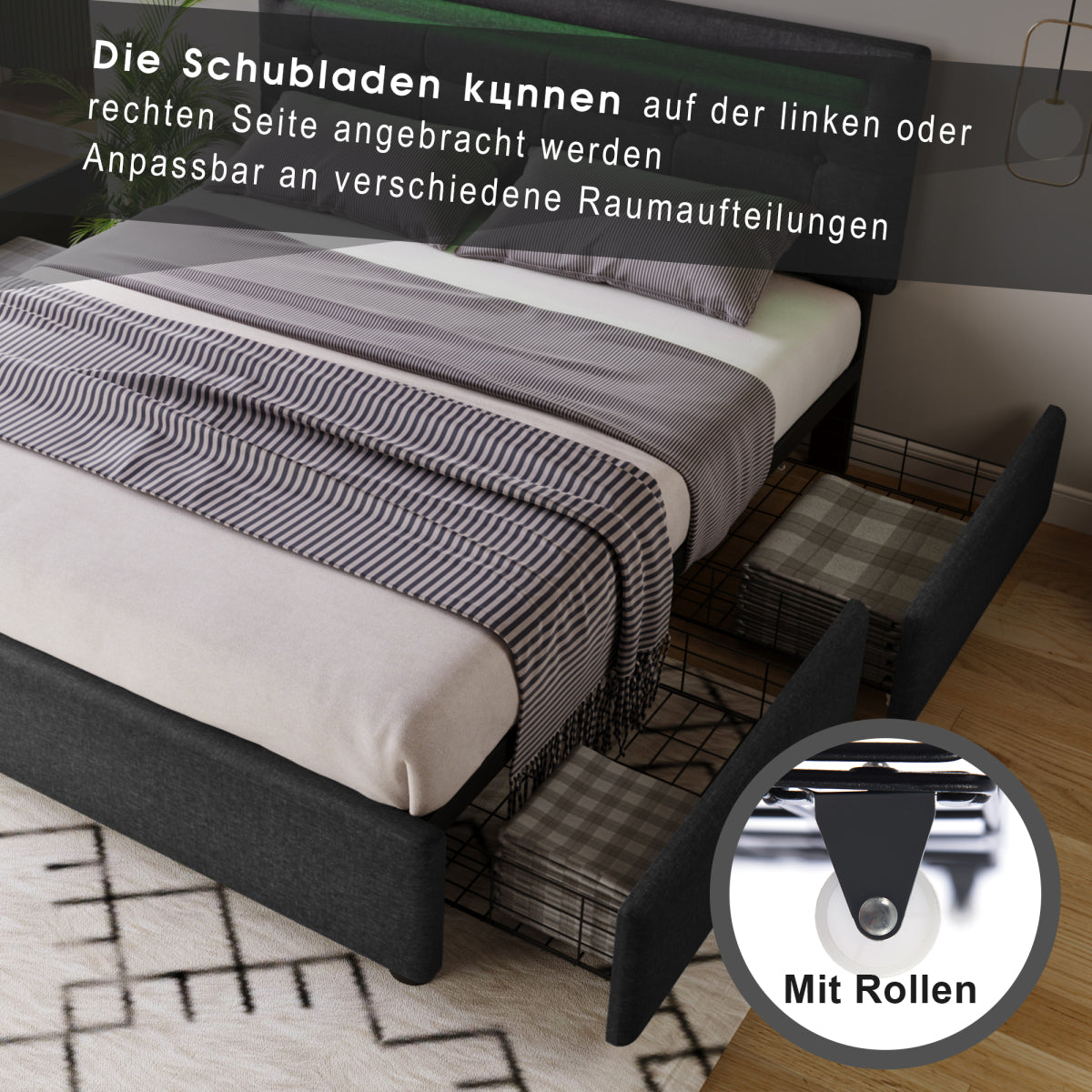 Polsterbett 140x200 cm Grau mit LED & 4 Schubladen - Doppelbett inkl. Lattenrost, Verstellbares Kopfteil & Stauraum (Ohne Matratze)