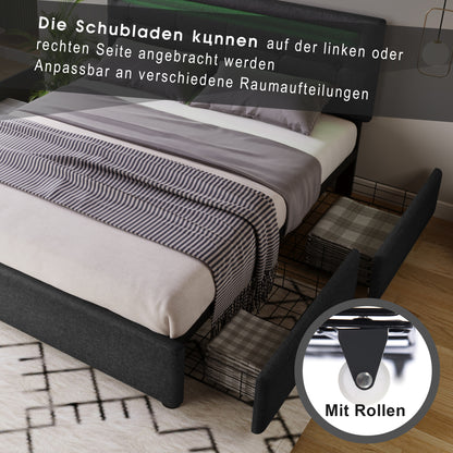 Polsterbett 140x200 cm Grau mit LED & 4 Schubladen - Doppelbett inkl. Lattenrost, Verstellbares Kopfteil & Stauraum (Ohne Matratze)