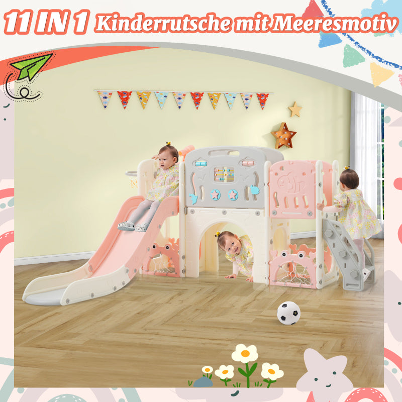 11 in 1 Kleinkindrutsche, Kinderrutsche mit Basketballkorb, Kinderrutschen-Spielset-Struktur, Bogentunnel und Teleskop, Spielzeugaufbewahrungsorganizer für Kleinkinder, Klettergerüst für Kinder.