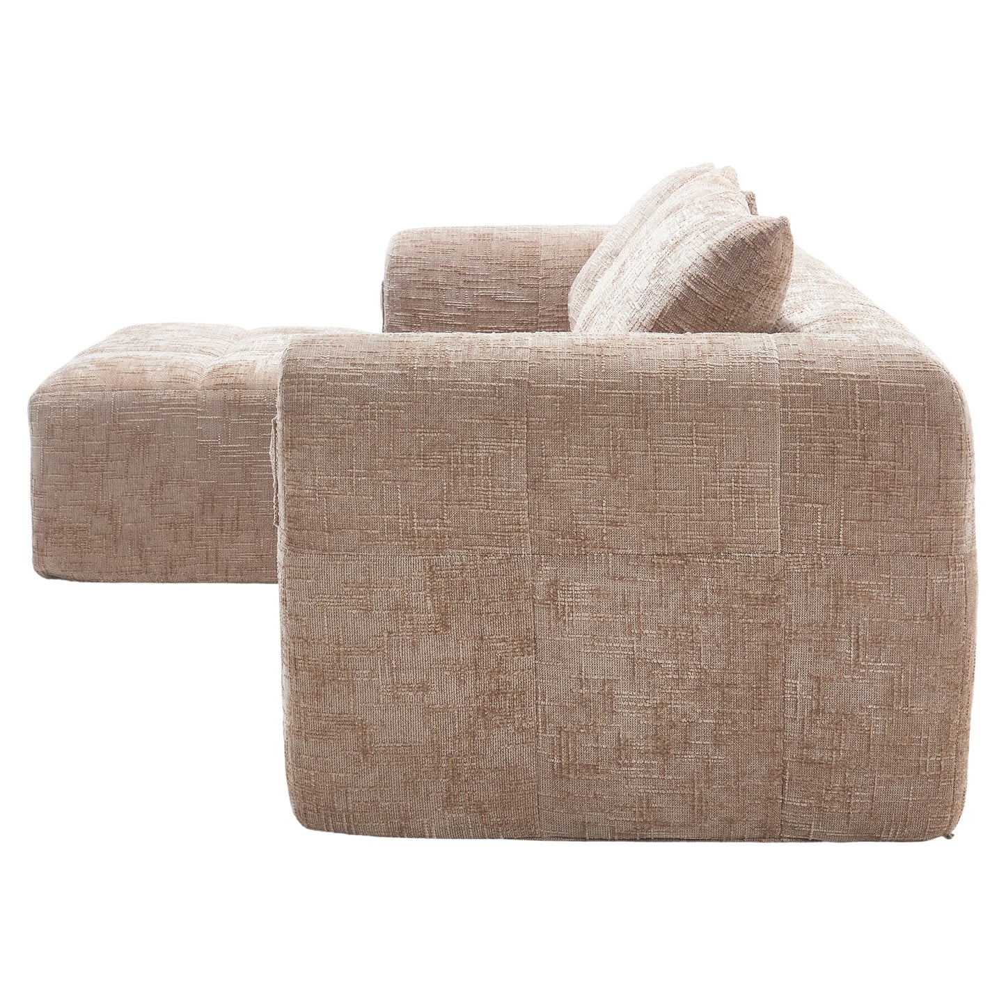 Modernes Sektionssofa, L-Sofa, 3-Sitzer-Sofa, keine Installation erforderlich, Chenille-Sofa mit Chaiselongue und Armlehnen, 3 Kissen, Seitentasche für Fernbedienung, khaki