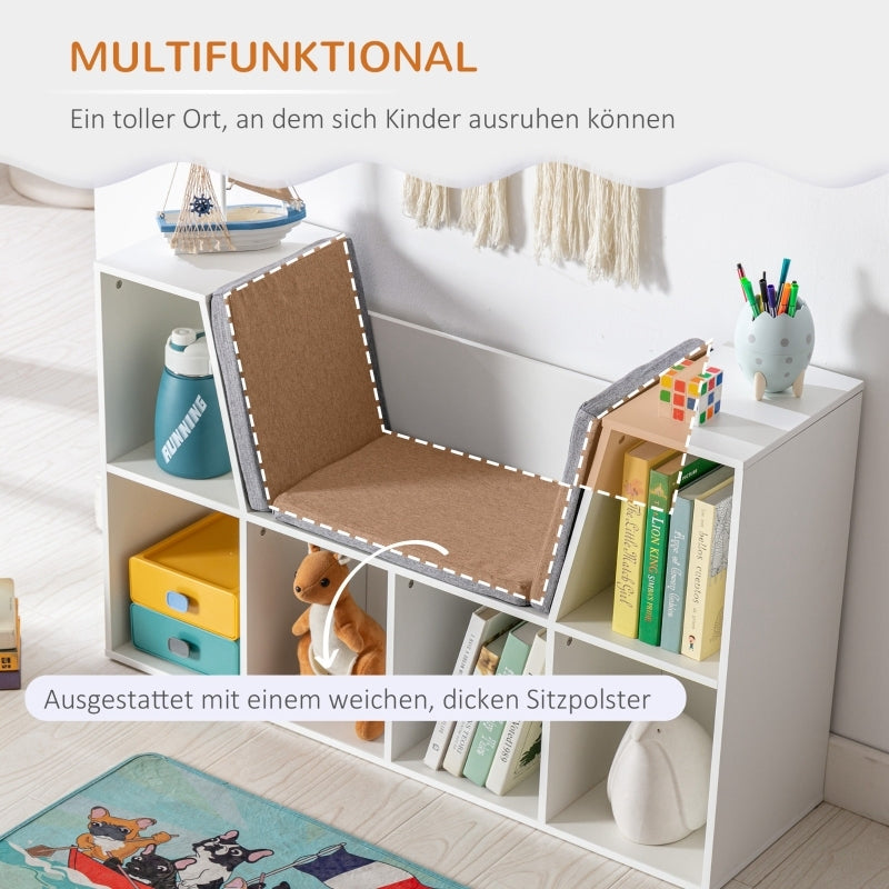 Kinderregal Bücherregal mit Sitzhocker Kindersitzbank mit 6 Fächern Sitztruhe mit 3 Kissen Spielzeugkiste ab 3 Jahren Weiß+Grau