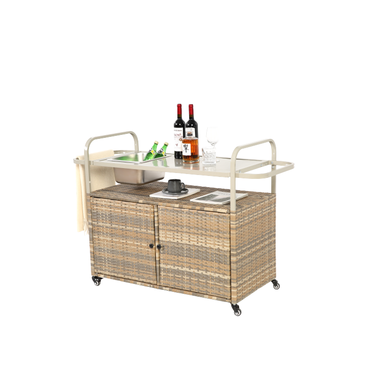Outdoor Bar Table, Wicker Bar Cart with Cabinet, Patio Serving Cart with steel Top, with one ice bucket,Lockable Wheels, Side Basket for Garden, Poolside & Backyard, Beige
