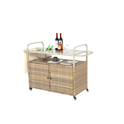 Outdoor Bar Table, Wicker Bar Cart with Cabinet, Patio Serving Cart with steel Top, with one ice bucket,Lockable Wheels, Side Basket for Garden, Poolside & Backyard, Beige
