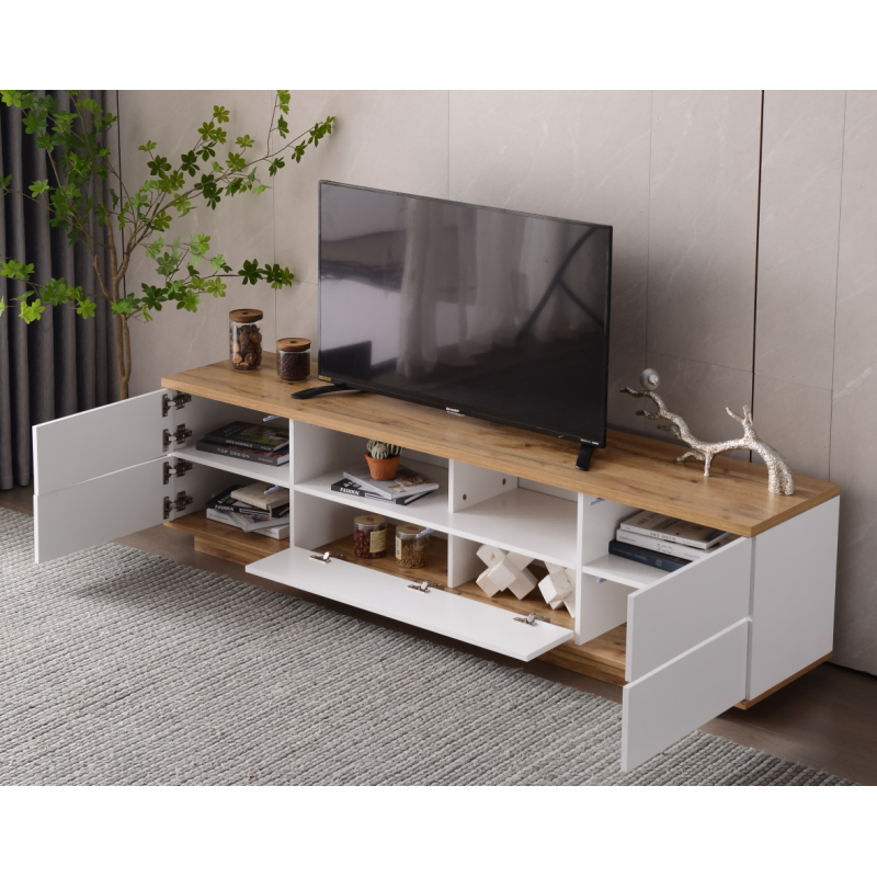 Moderner Farbblock-TV-Schrank in weißer Ausführung, TV-Schrank mit Holzmaserung, 180 cm