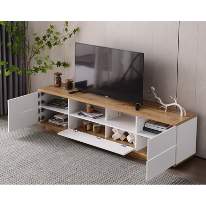 Moderner Farbblock-TV-Schrank in weißer Ausführung, TV-Schrank mit Holzmaserung, 180 cm