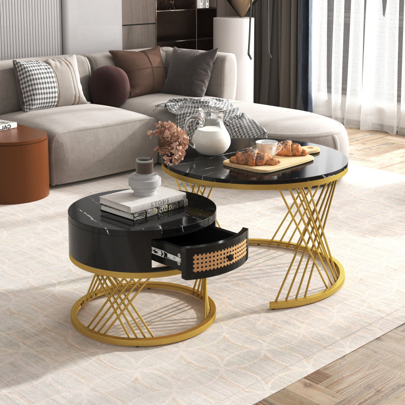 2 in 1 Runder Couchtisch aus MDF, Beistelltisch mit Tischplatte aus Marmor und Schubladen aus Kunststoff-Rattan, Griffe aus Massivholz. goldene Eisenfüße. 70*70*45,5+50*50*38,5cm