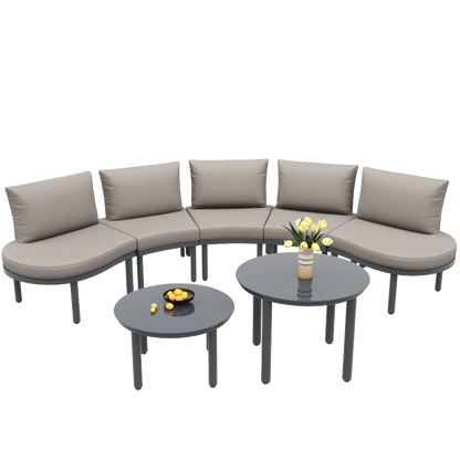 Gartenmöbel-Set (5-Sitzer), 2 Couchtische aus gehärtetem Glas, verzinkter Eisenrahmen, bequeme Gartenmöbel mit grauen Sitzpolstern und Kissen, mit verstellbaren Beinen, elegantes abgerundetes Sofa
