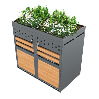 Mülltonnenbox 2er mit Pflanzdach, 120-240 Liter, Anthrazit  Tür in Holzoptik inkl. Erweiterungsmöglichkeit ,Aufbewahrungsbox für Mülltonnen, Müllbox (Das Produkt enthält keinen eingebauten Mülleimer)