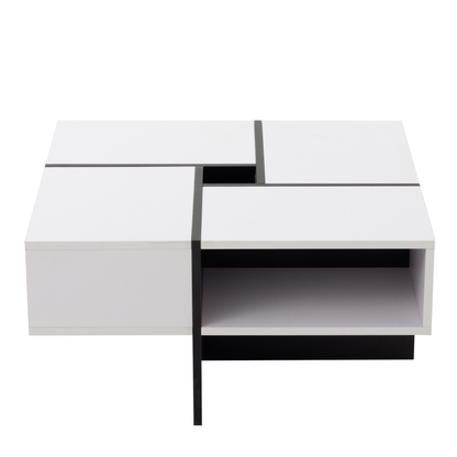 Moderner quadratischer Couchtisch 70x70x35cm – Schwarz-Weiß Design, 5 offene Fächer, mittleres Staufach 10x10cm, stabiler 30KG Tragkraft,Weißer quadratischer Couchtisch