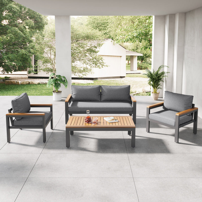 Loungeset, Gartenmöbel-Set mit Rahmen aus verzinktem Stahl, (breites Set, 4-teiliges Esstisch-Set, 1x 2-Sitzer-Sofa, 2x Einzelstühle, 1x Tisch), Akazienholz Tischplatte und Armlehnen,Beige