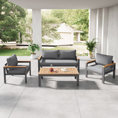 Loungeset, Gartenmöbel-Set mit Rahmen aus verzinktem Stahl, (breites Set, 4-teiliges Esstisch-Set, 1x 2-Sitzer-Sofa, 2x Einzelstühle, 1x Tisch), Akazienholz Tischplatte und Armlehnen,Beige