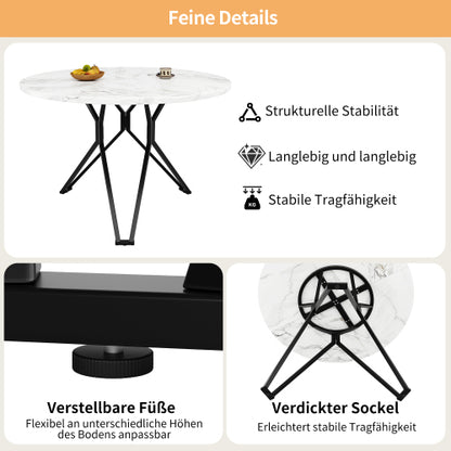 Esstisch-Set (5-teilig), Esstisch-Set mit 4 Stühlen, Modernes Küchen-Esstisch-Set, Runder Küchentisch mit Durchmesser 100 cm, Schwarze Metallbeine, MDF-Marmor-Tischplatte, Graue Samt-Esszimmerstühle