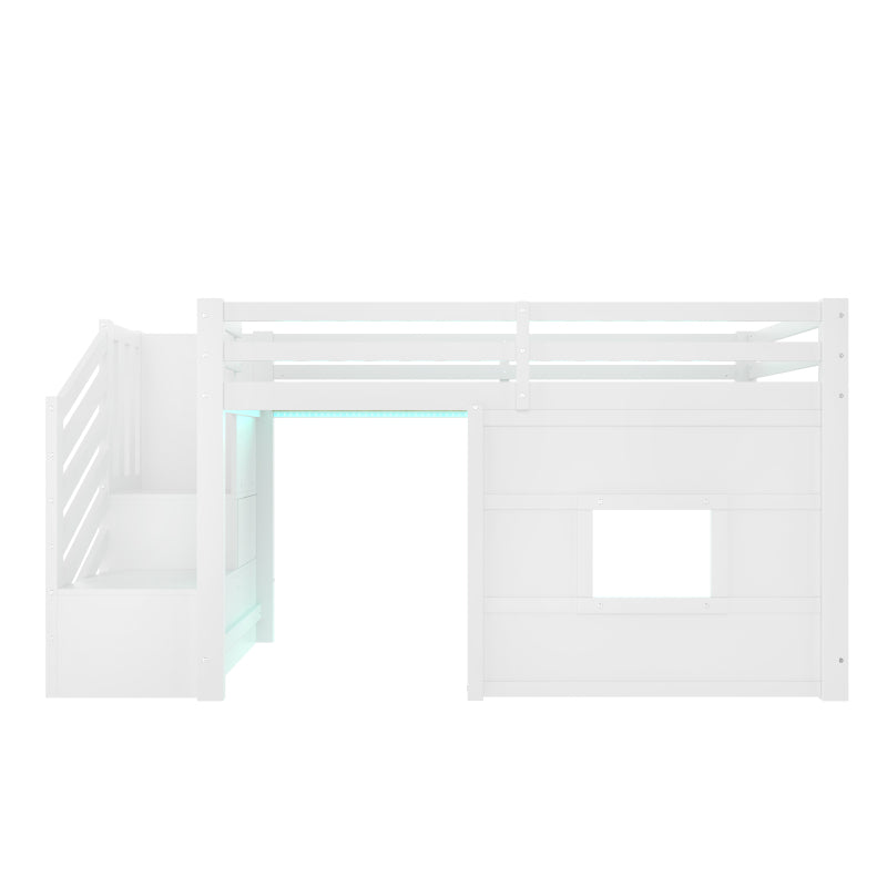 90x200 Hochbett mit Stauraumtreppe und Fenster, Weiß