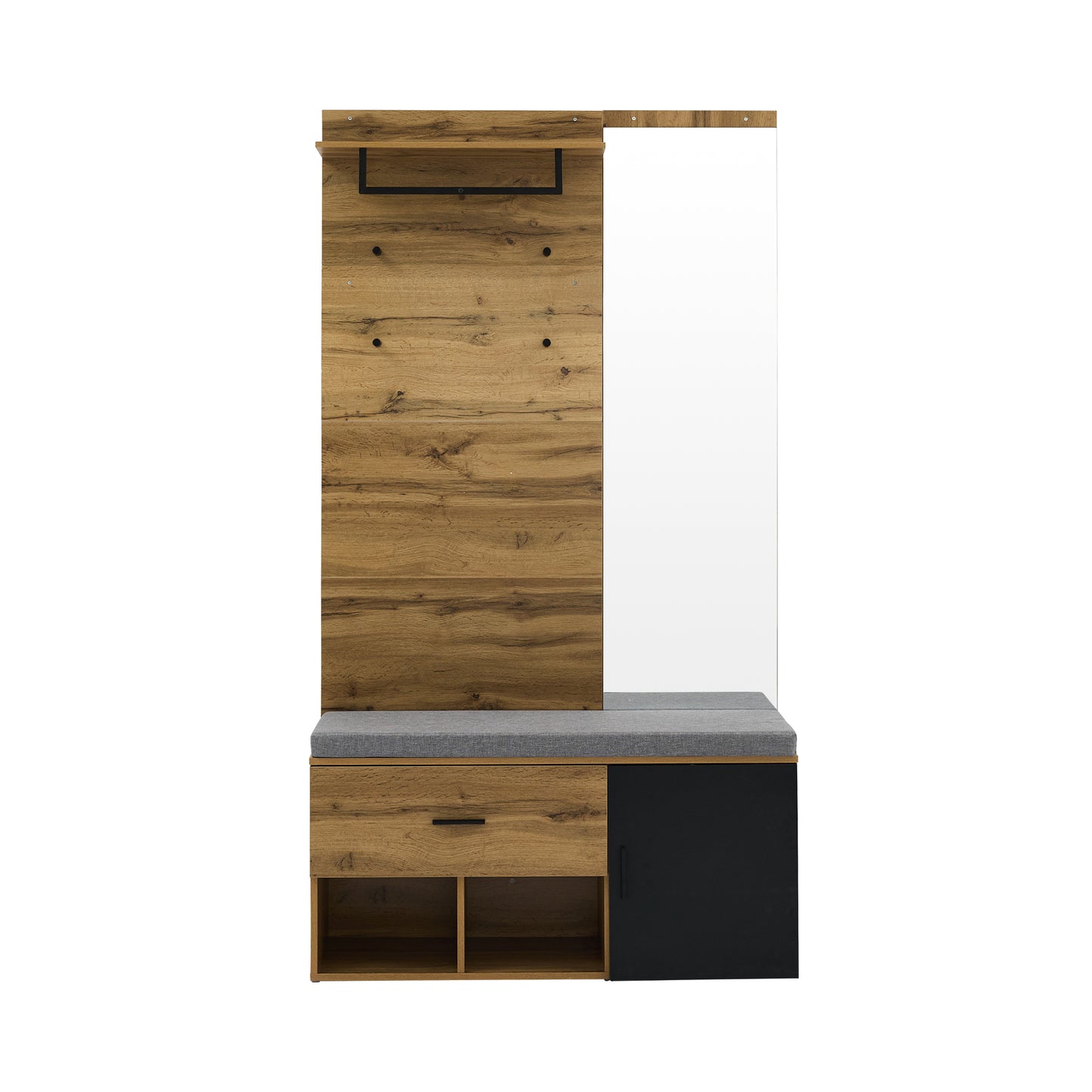 Garderoben Set in Holzoptik mit Spiegel, Schuhbank (104 x 39 cm) mit Polster, Schuhschrank, Schublade, Regal, Kleiderhaken – Praktisches Design für den Eingangsbereich