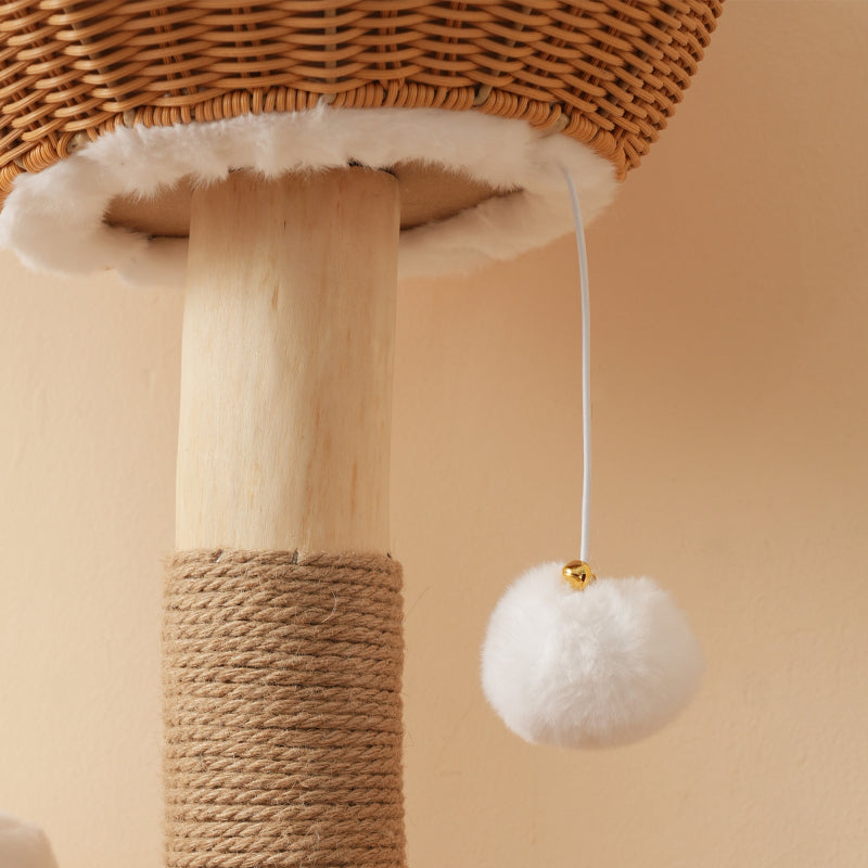 Katzenbaum aus Massivholz mit 2 Körben & Höhle, Naturholz & Sisal, mit Plüschball & dickem Kissen – Nachhaltig 108cm