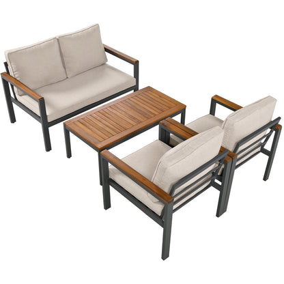 Loungeset, Gartenmöbel-Set mit Rahmen aus verzinktem Stahl, (breites Set, 4-teiliges Esstisch-Set, 1x 2-Sitzer-Sofa, 2x Einzelstühle, 1x Tisch), Akazienholz Tischplatte und Armlehnen,Beige
