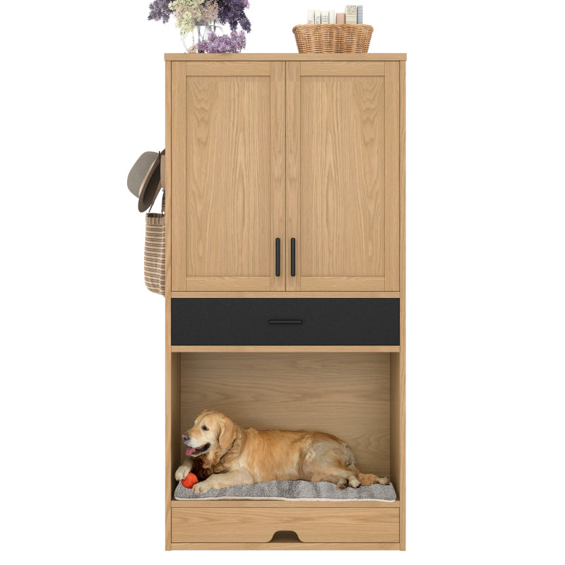 Multifunktionaler Tierschrank in Eichenoptik–Futterstation mit Napf,Hundebett,Stauraum-Tiermöbel, Küchenschrank für Flur, Küche oder Wohnzimmer