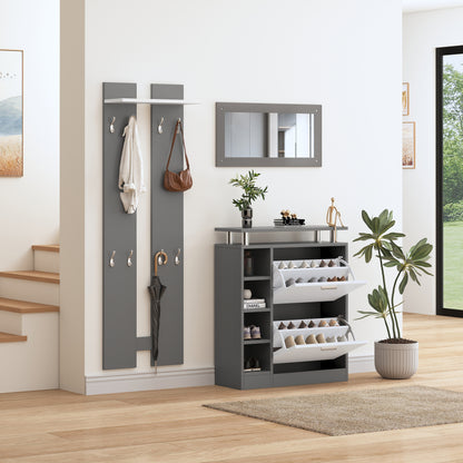 Wandgarderoben-Set 80 x 25 x 96.5 cm, inkl. Spiegel, 2 Wandpaneelen, einer Regalwand und einem Schuhschrank, Korpus anthrazitgrau matt, Flurmöbel, Flurtrockenständer, Flurgarderobe, Schuhwechsler-Set,