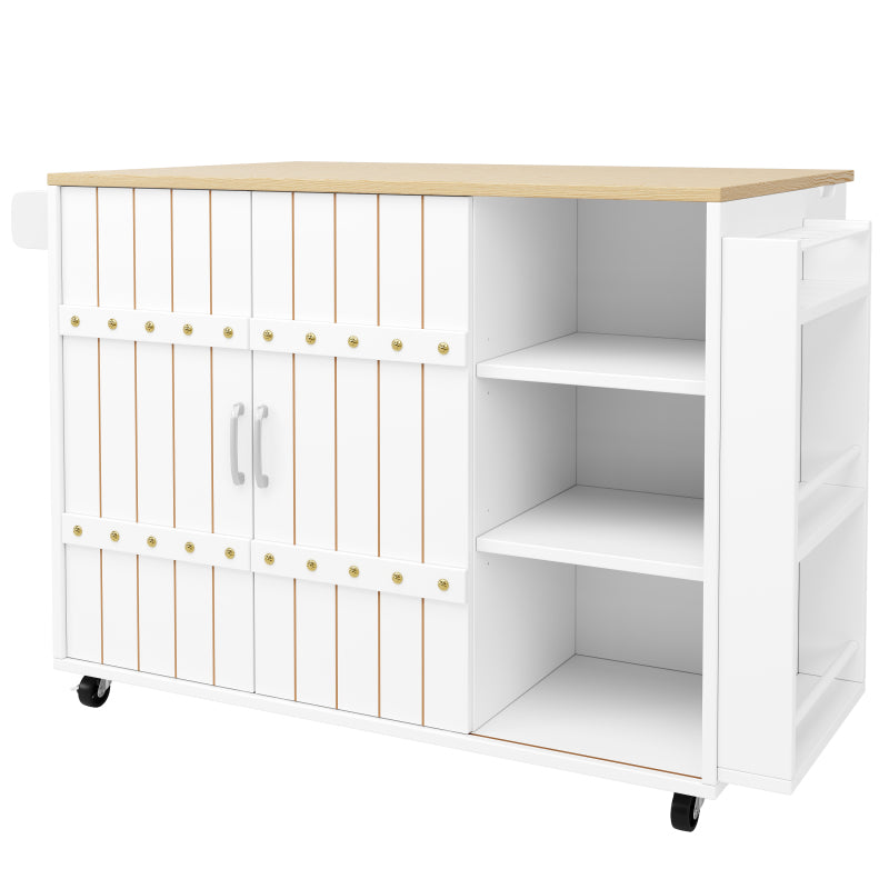 Küchenschrank, Servierwagen mit Holzmaserung, Küchenwagen mit rollen und arbeitsplatte, Küchenwagen mit Gewürzregal und Handtuchhalter, Kücheninsel mit Schiebetüren und Schubladen, weiß